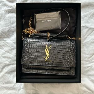 Saint Laurent Sunset Chain Wallet Black Croc Embossed Leather Gold Hardware WOC